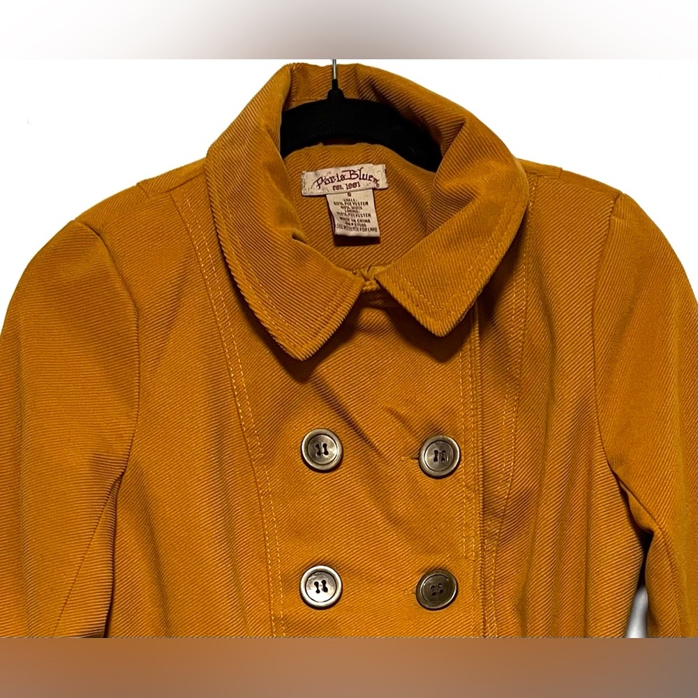 Vintage Y2K Paris Blues Mustard Yellow Wool Blend Double Breasted Pea Coat - Picture 3 of 11